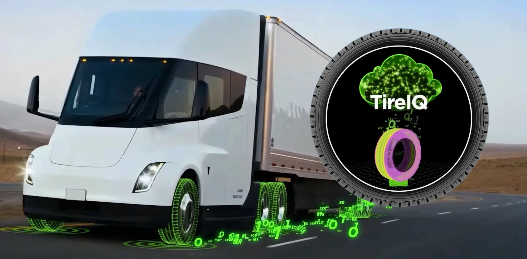 White commercial truck with green digital tire intelligence graphics